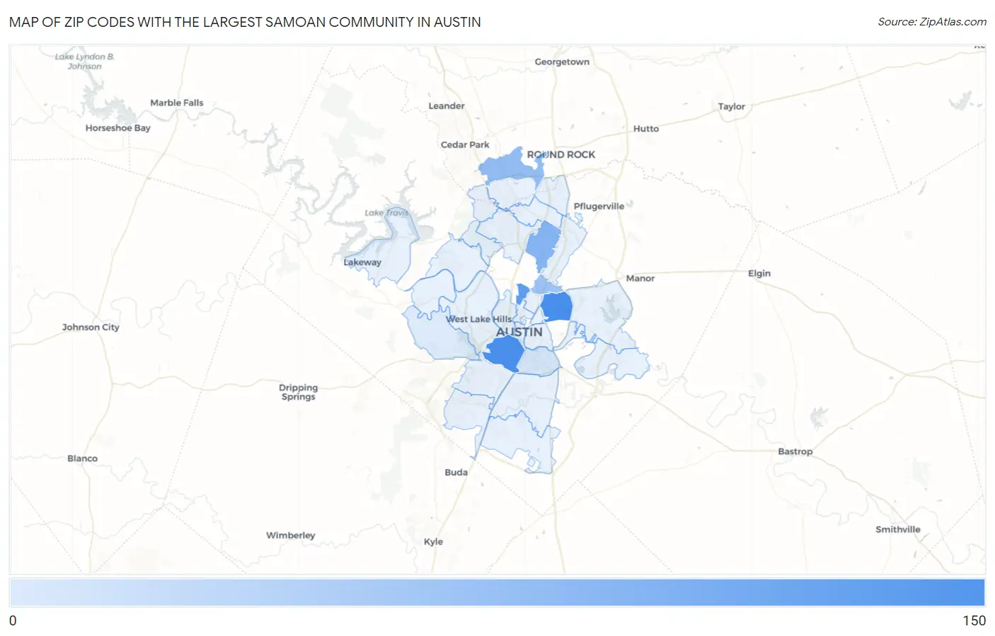 Zip Codes with the Largest Samoan Community in Austin Map