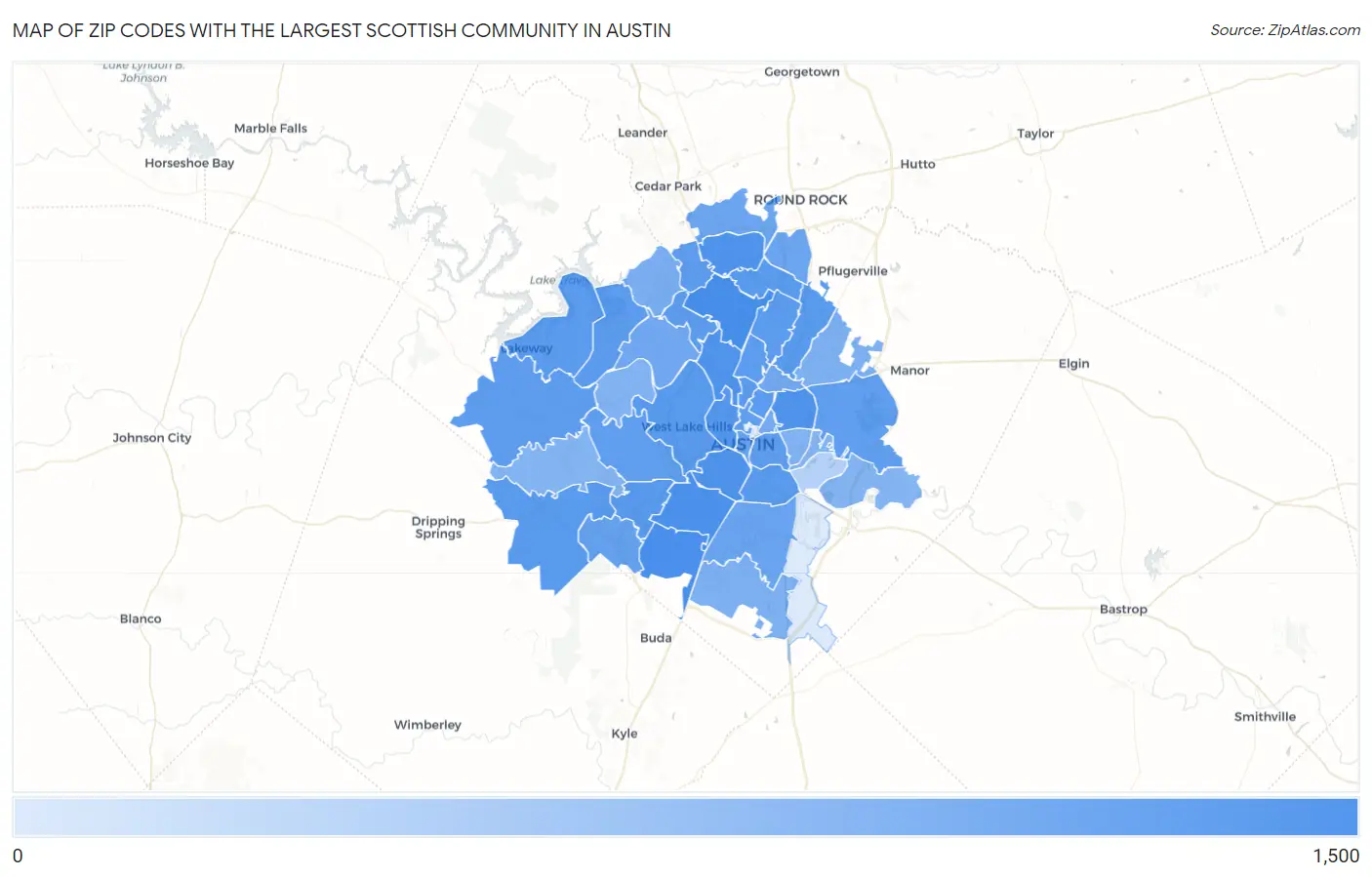 Zip Codes with the Largest Scottish Community in Austin Map