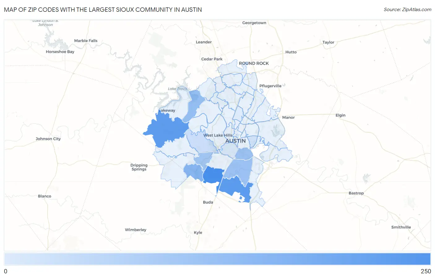 Zip Codes with the Largest Sioux Community in Austin Map
