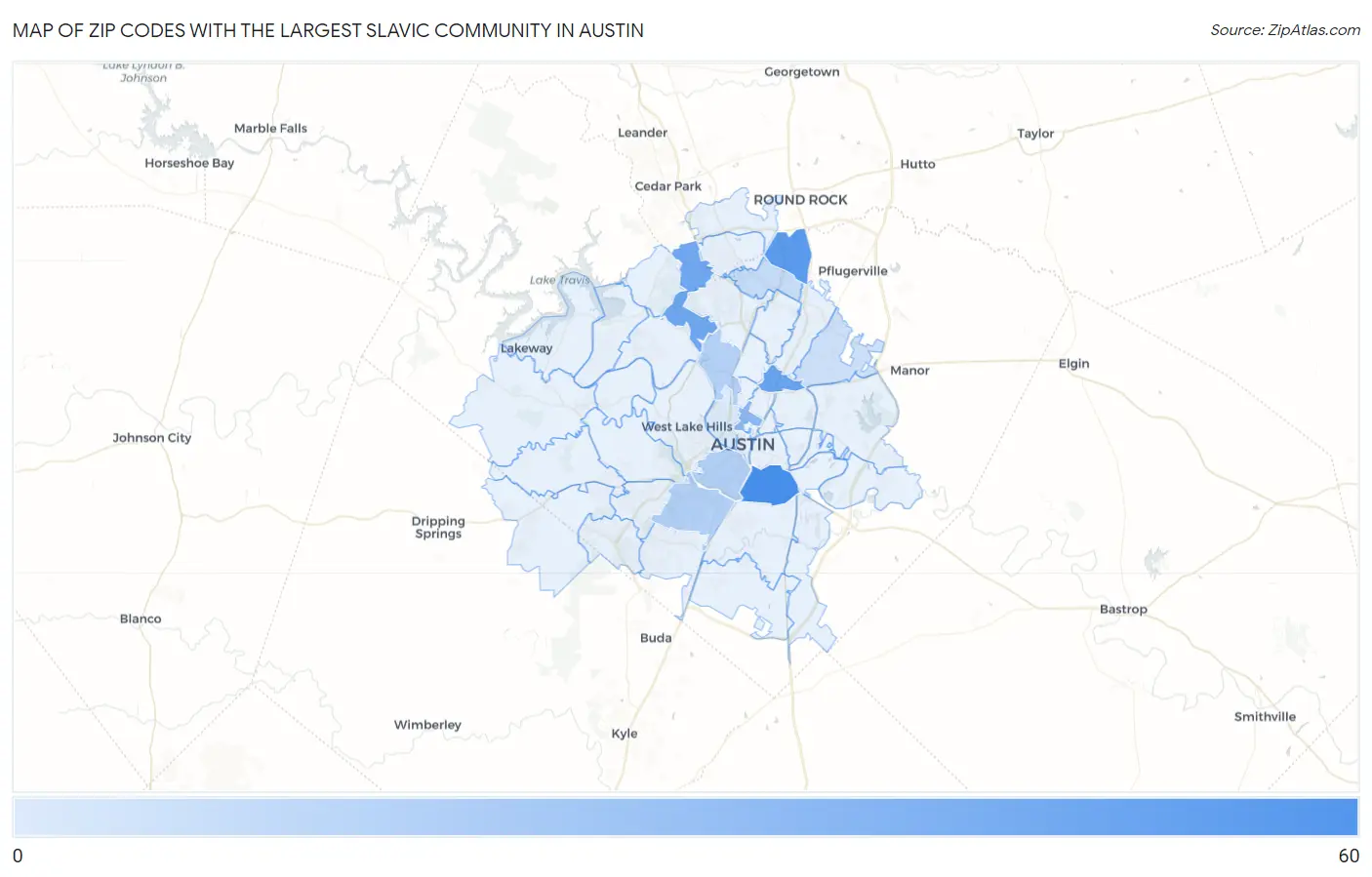 Zip Codes with the Largest Slavic Community in Austin Map