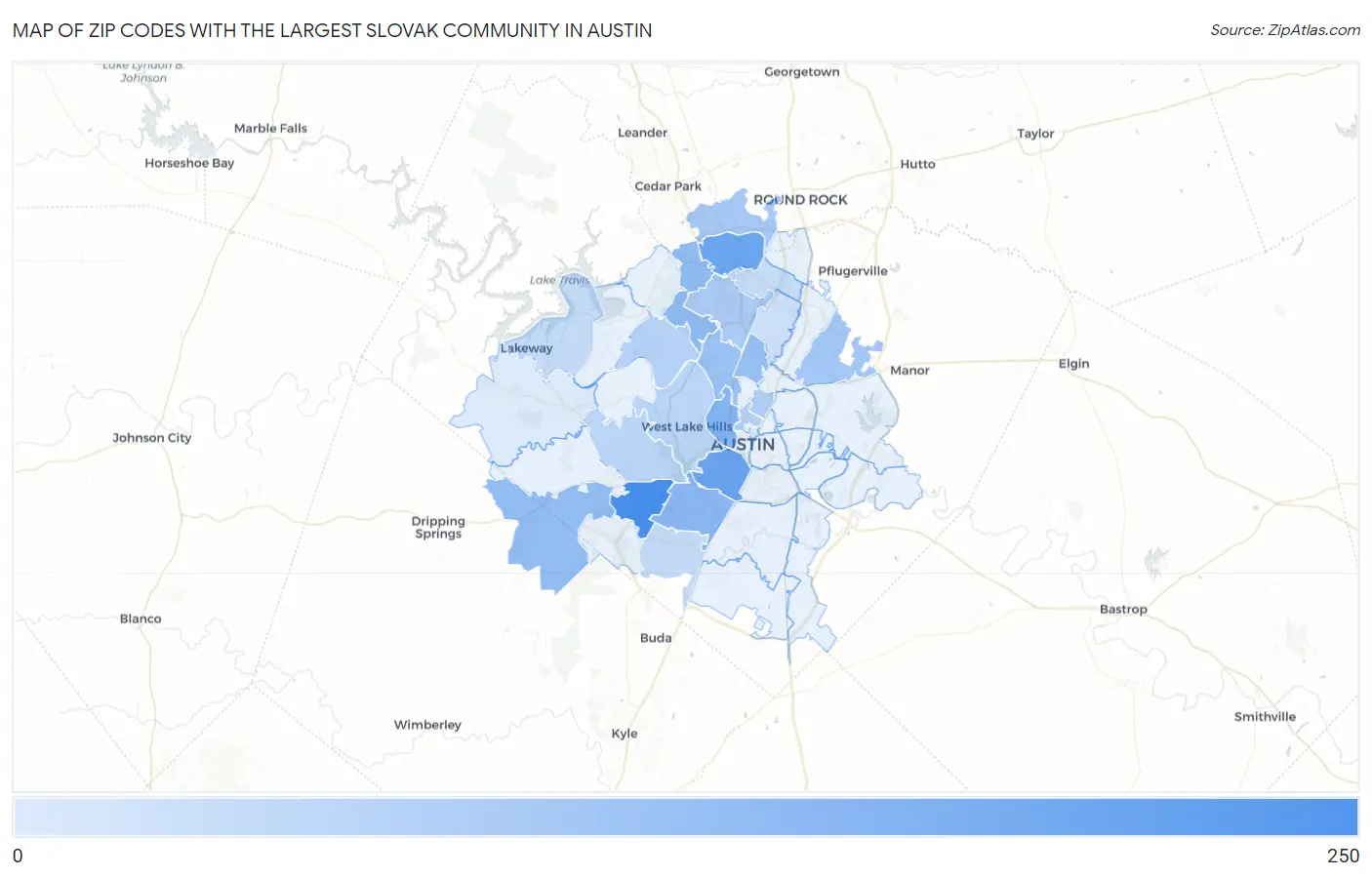 Zip Codes with the Largest Slovak Community in Austin Map