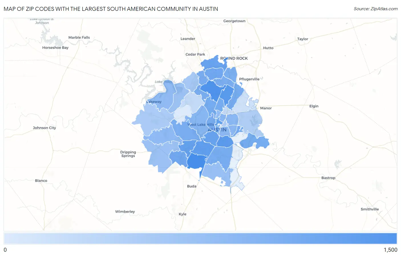 Zip Codes with the Largest South American Community in Austin Map
