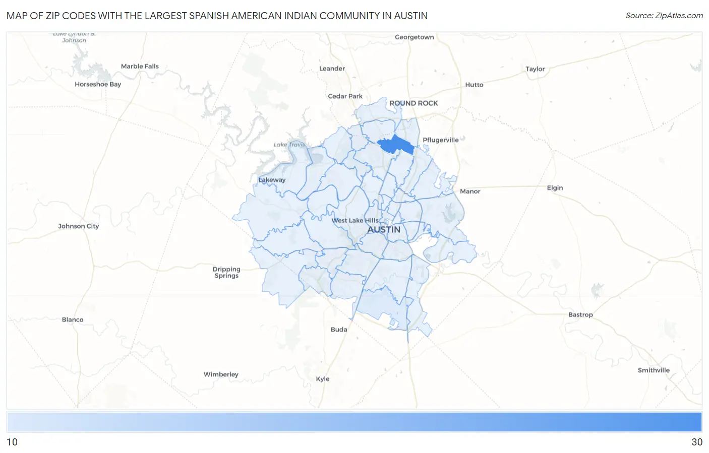 Zip Codes with the Largest Spanish American Indian Community in Austin Map