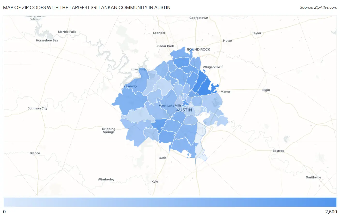 Zip Codes with the Largest Sri Lankan Community in Austin Map