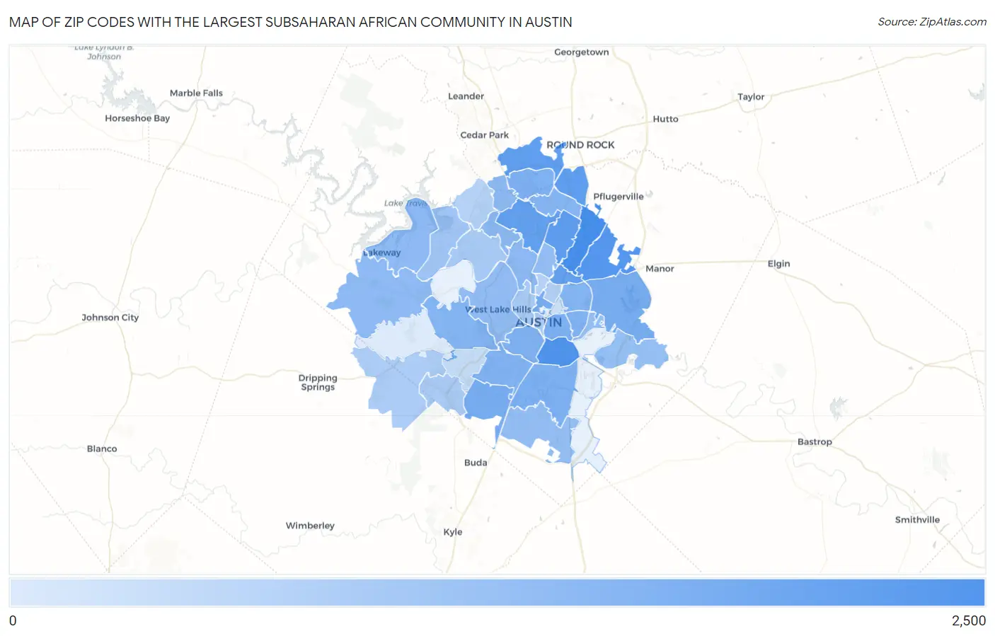 Zip Codes with the Largest Subsaharan African Community in Austin Map