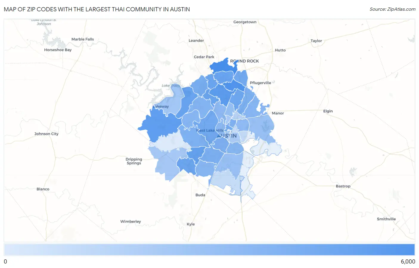 Zip Codes with the Largest Thai Community in Austin Map