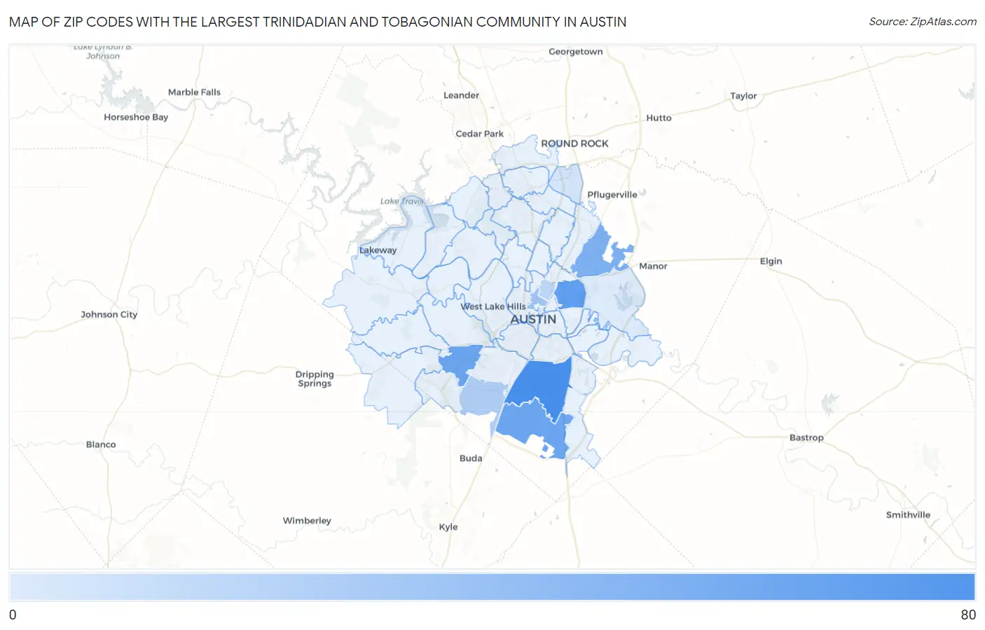 Zip Codes with the Largest Trinidadian and Tobagonian Community in Austin Map
