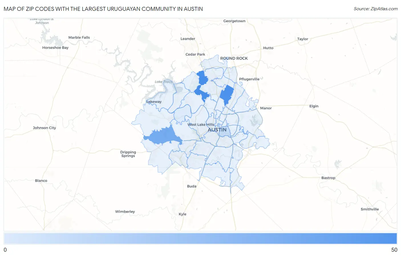 Zip Codes with the Largest Uruguayan Community in Austin Map