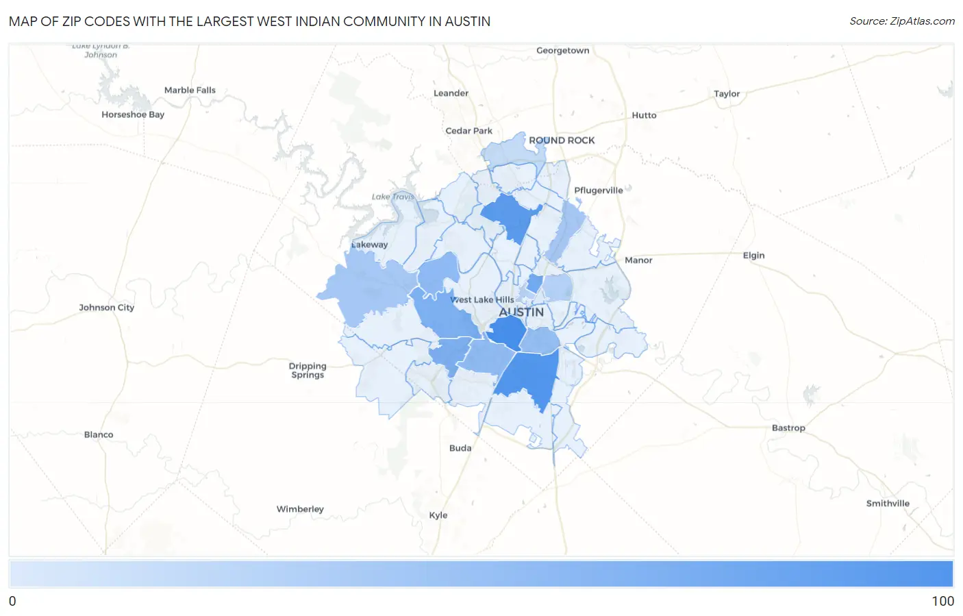 Zip Codes with the Largest West Indian Community in Austin Map