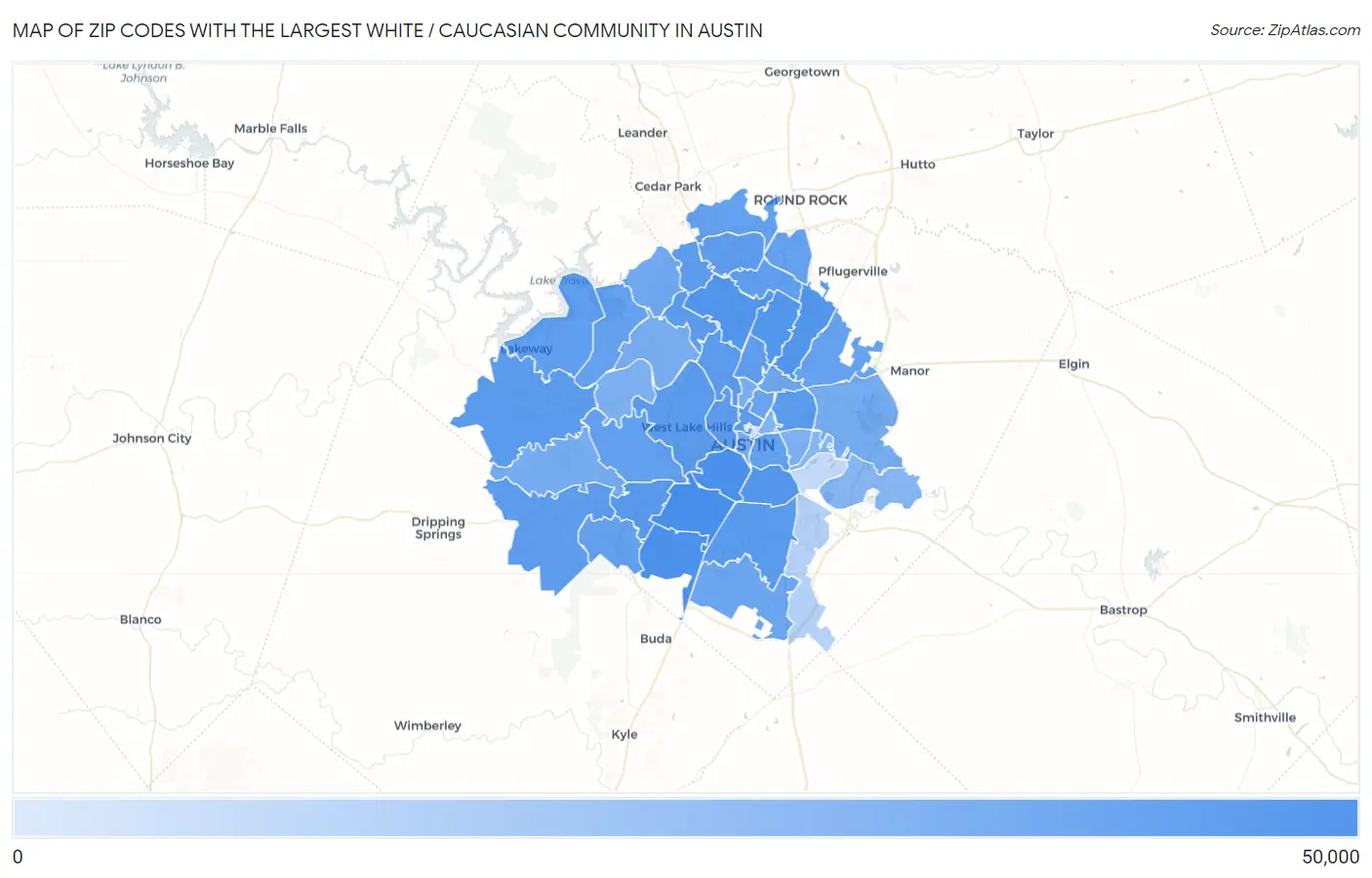 Zip Codes with the Largest White / Caucasian Community in Austin Map