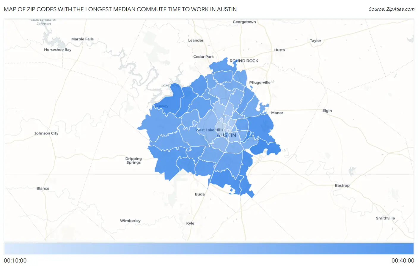 Zip Codes with the Longest Median Commute Time to Work in Austin Map