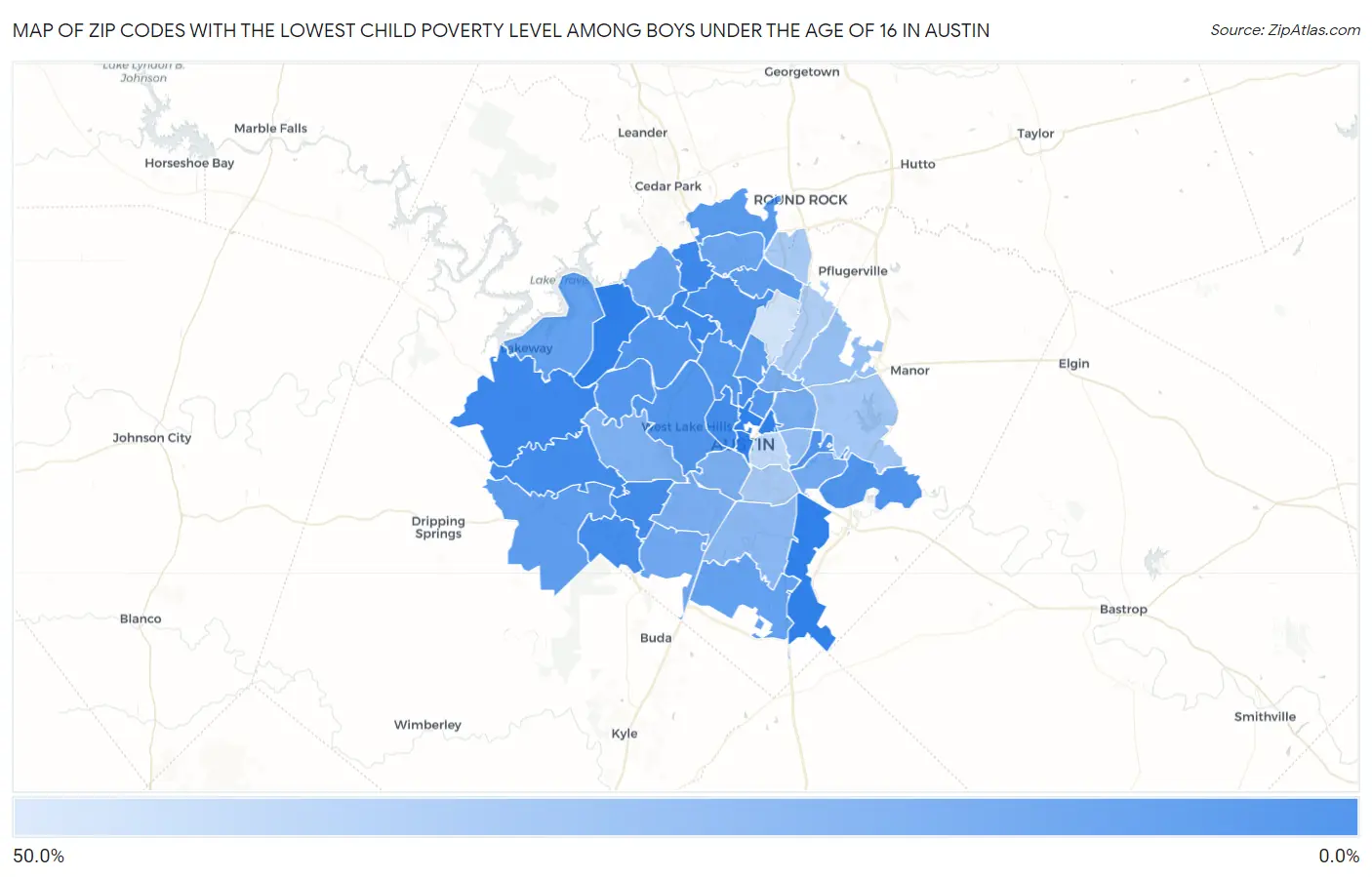 Zip Codes with the Lowest Child Poverty Level Among Boys Under the Age of 16 in Austin Map