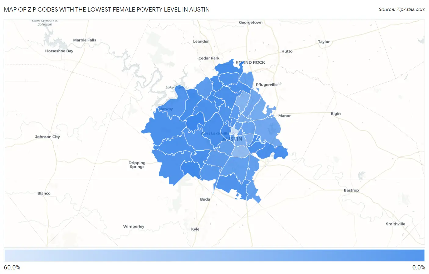 Zip Codes with the Lowest Female Poverty Level in Austin Map
