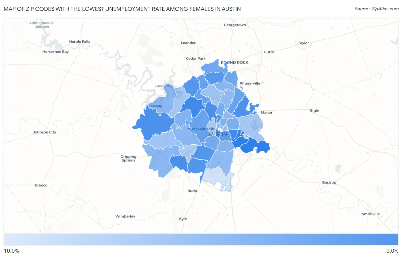 Zip Codes with the Lowest Unemployment Rate Among Females in Austin Map