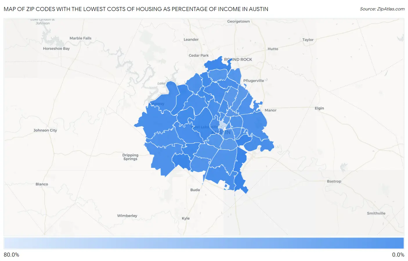 Zip Codes with the Lowest Costs of Housing as Percentage of Income in Austin Map