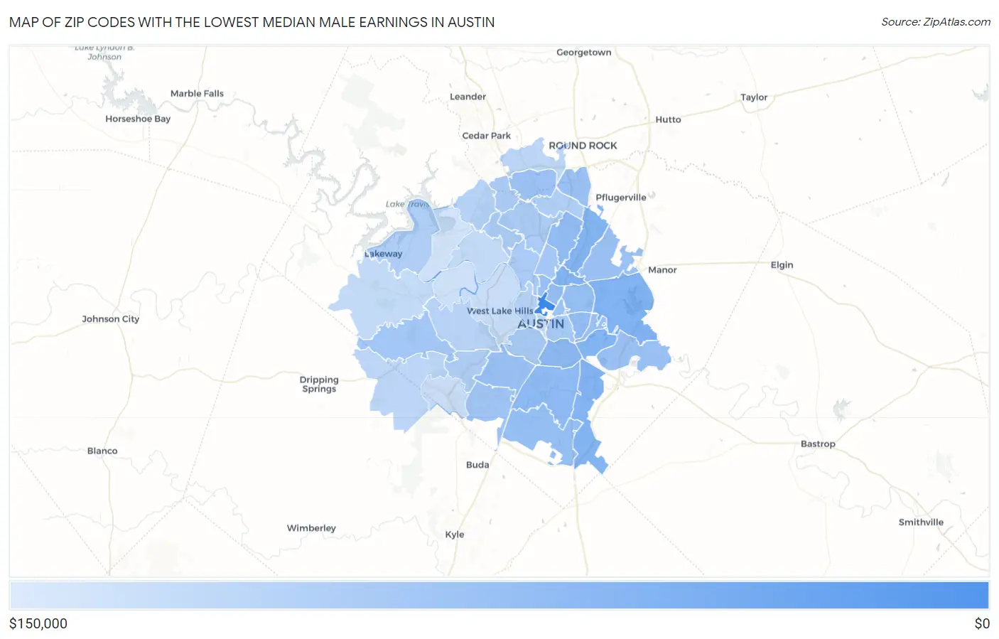 Zip Codes with the Lowest Median Male Earnings in Austin Map
