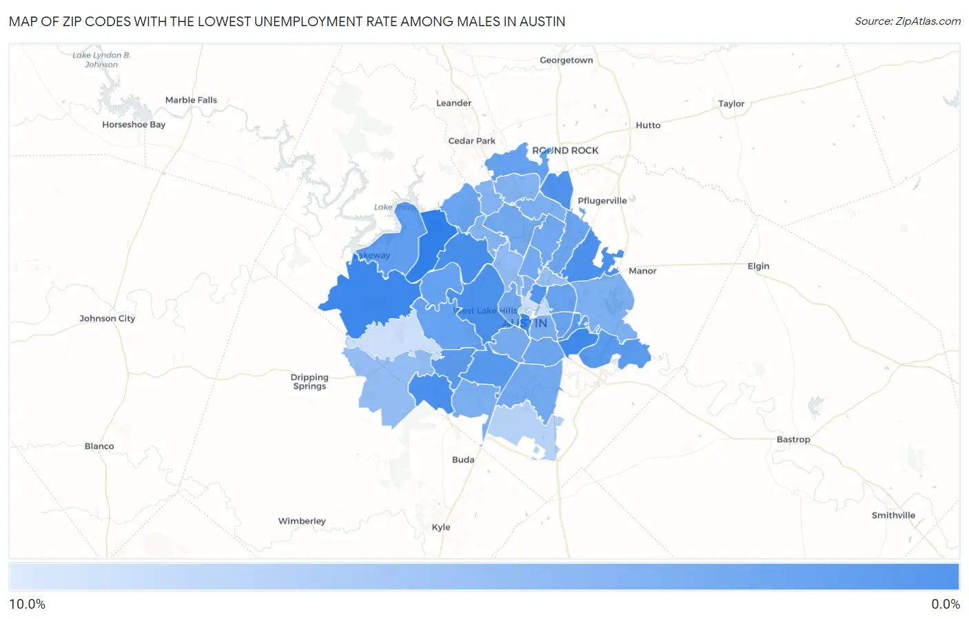 Zip Codes with the Lowest Unemployment Rate Among Males in Austin Map