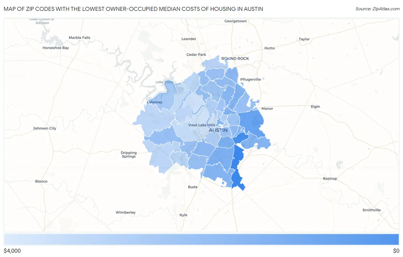 Zip Codes with the Lowest Owner-Occupied Median Costs of Housing in Austin Map