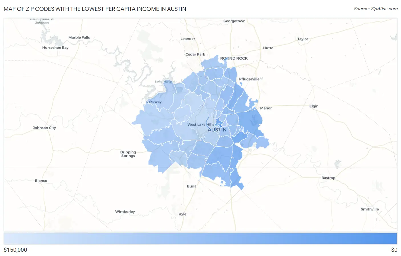Zip Codes with the Lowest Per Capita Income in Austin Map