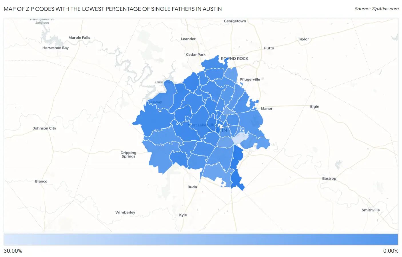 Zip Codes with the Lowest Percentage of Single Fathers in Austin Map