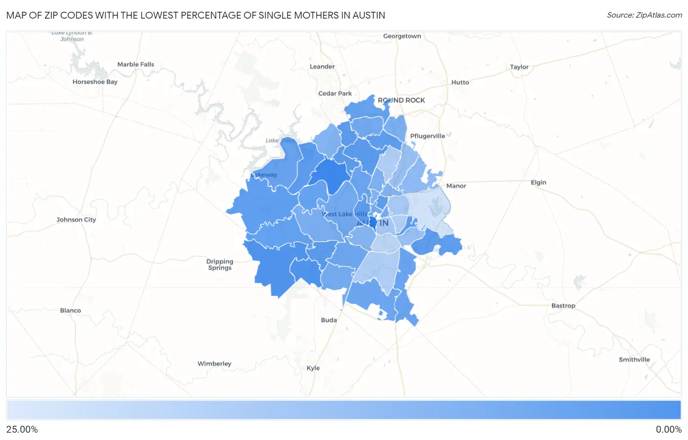 Zip Codes with the Lowest Percentage of Single Mothers in Austin Map