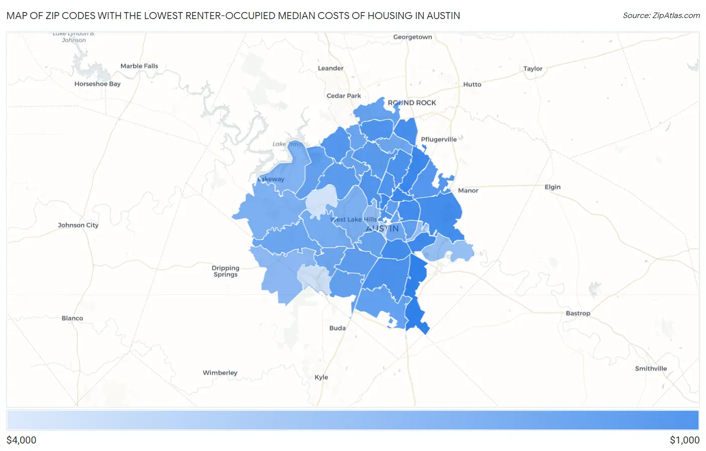 Zip Codes with the Lowest Renter-Occupied Median Costs of Housing in Austin Map