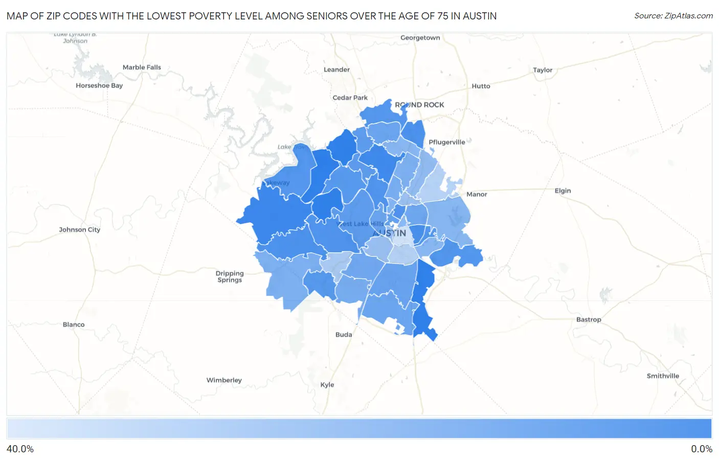Zip Codes with the Lowest Poverty Level Among Seniors Over the Age of 75 in Austin Map