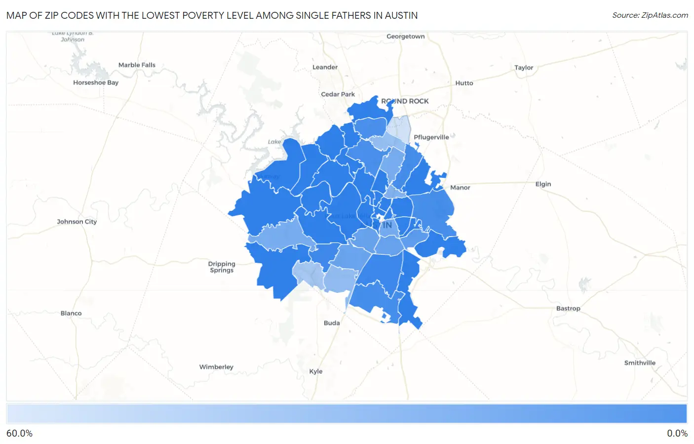 Zip Codes with the Lowest Poverty Level Among Single Fathers in Austin Map