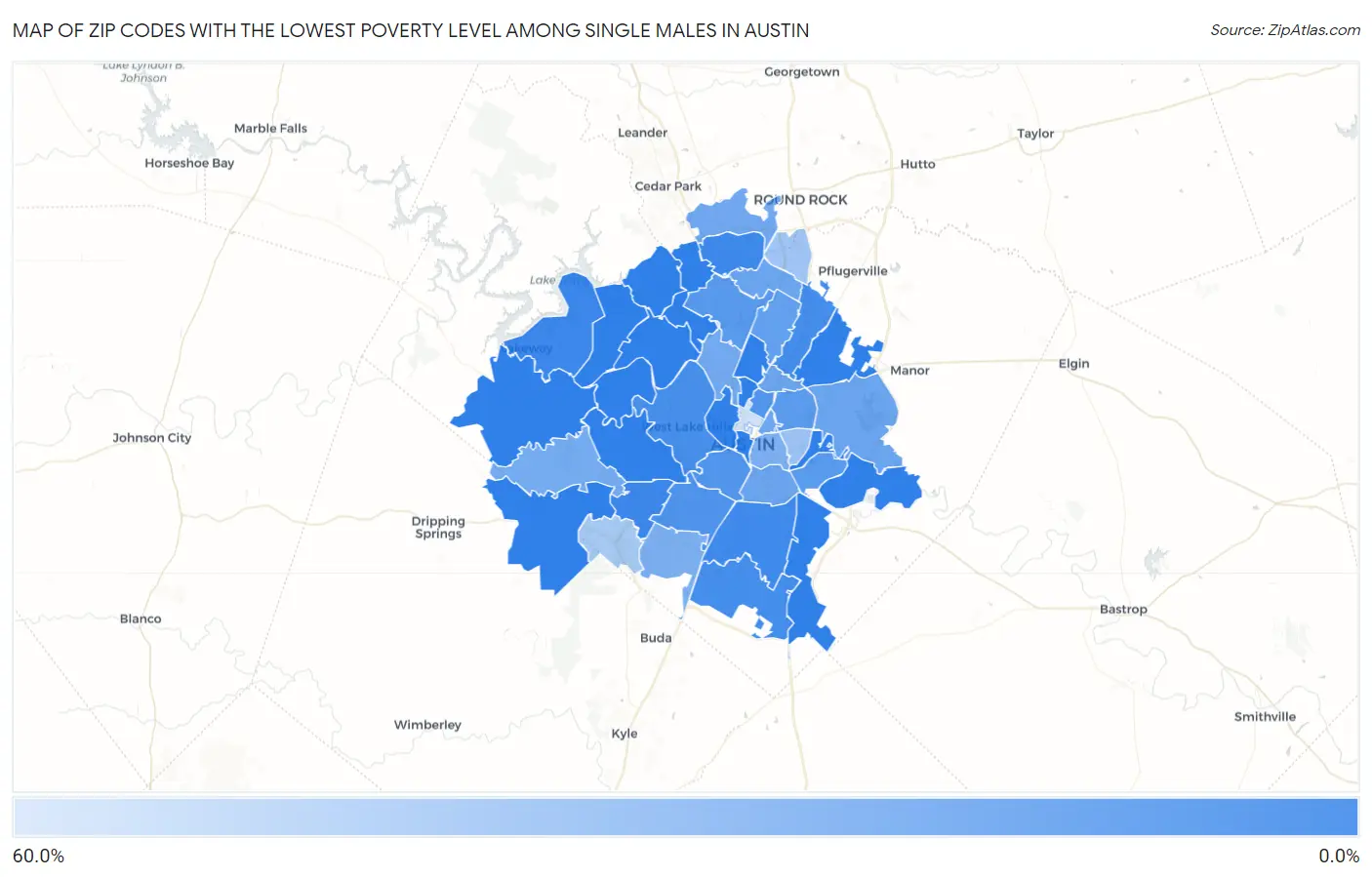 Zip Codes with the Lowest Poverty Level Among Single Males in Austin Map