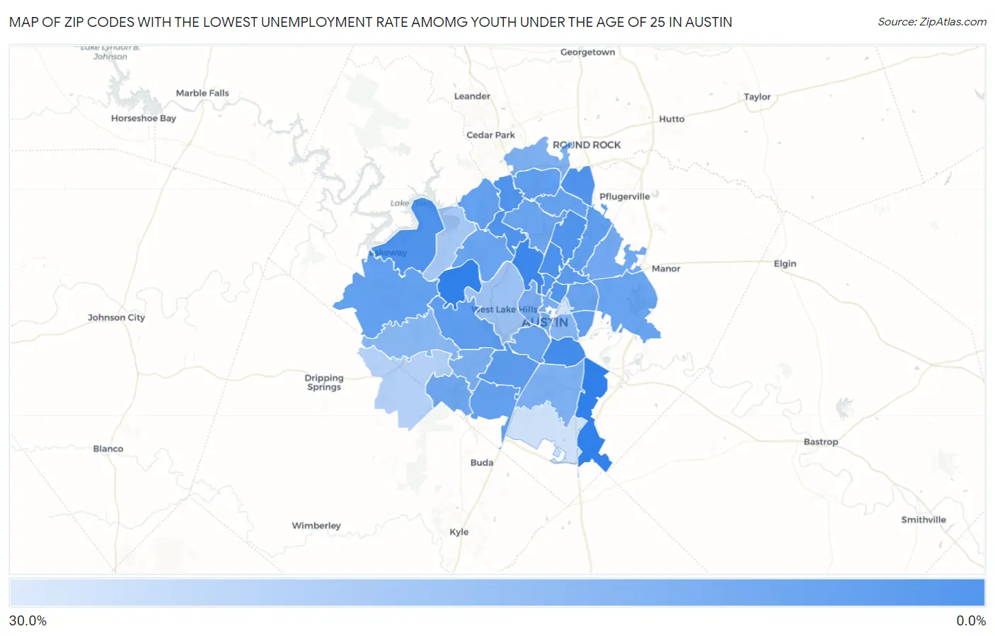 Zip Codes with the Lowest Unemployment Rate Amomg Youth Under the Age of 25 in Austin Map