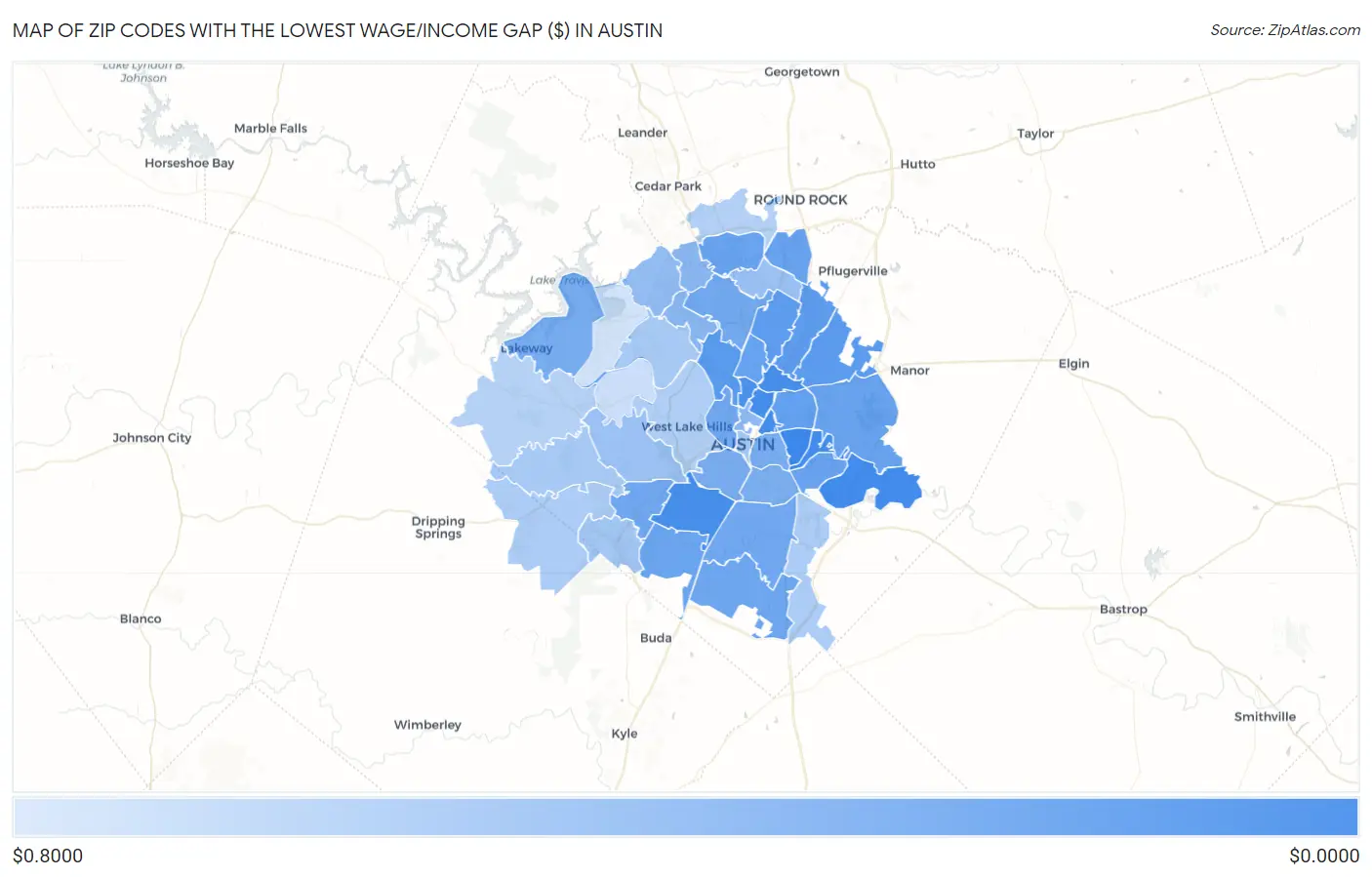 Zip Codes with the Lowest Wage/Income Gap ($) in Austin Map