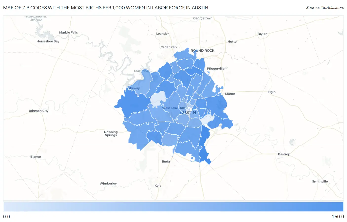 Zip Codes with the Most Births per 1,000 Women in Labor Force in Austin Map