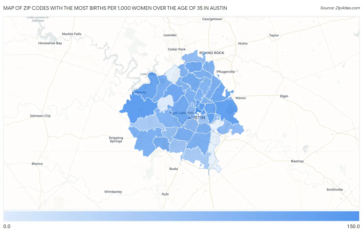 Zip Codes with the Most Births per 1,000 Women Over the Age of 35 in Austin Map