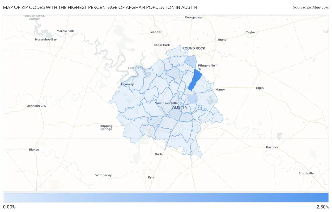 Zip Codes with the Highest Percentage of Afghan Population in Austin Map