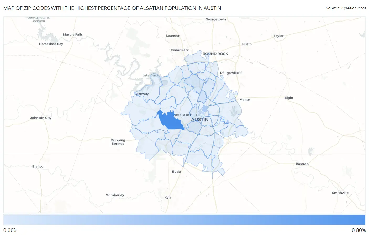 Zip Codes with the Highest Percentage of Alsatian Population in Austin Map