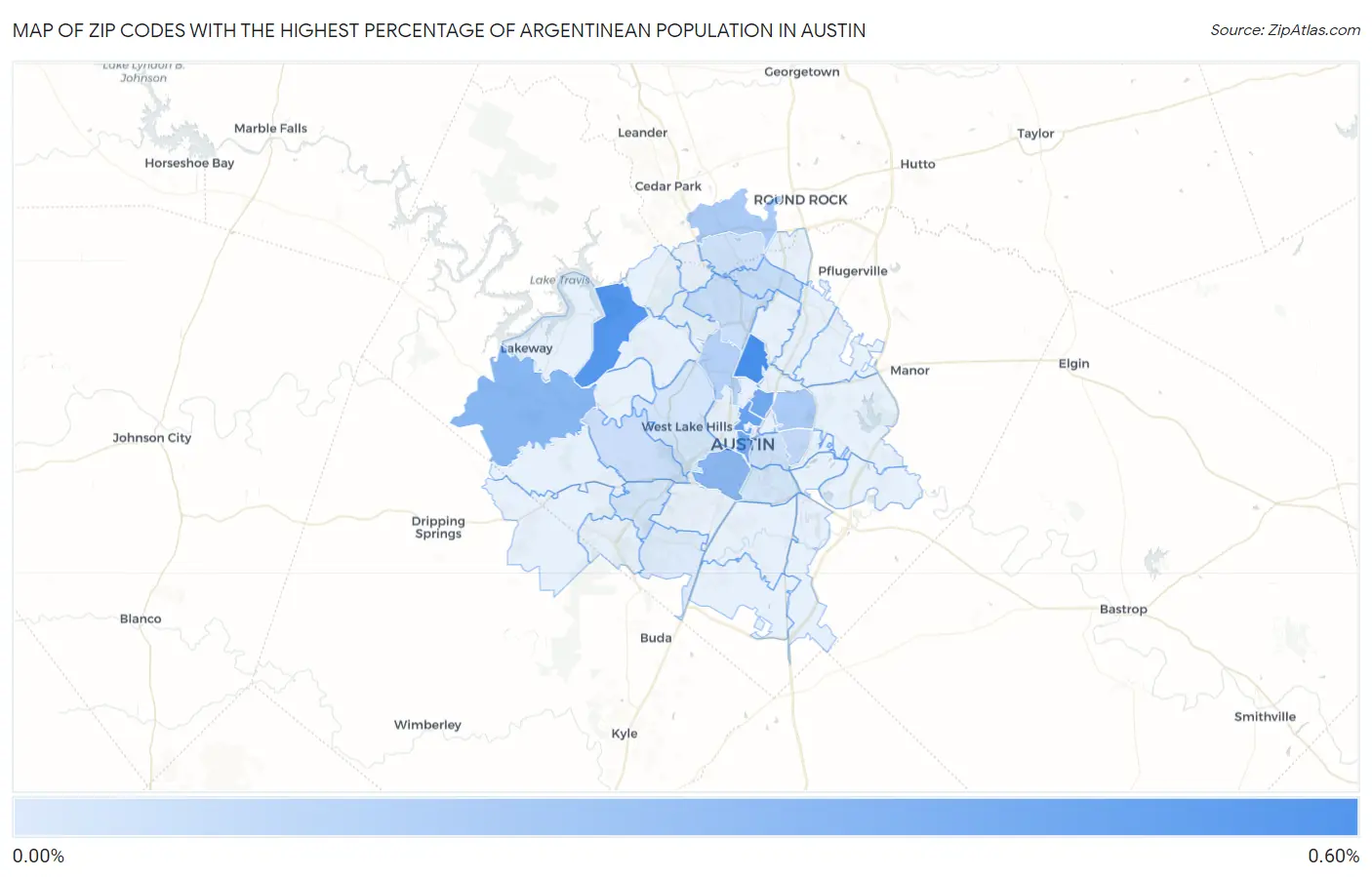 Zip Codes with the Highest Percentage of Argentinean Population in Austin Map