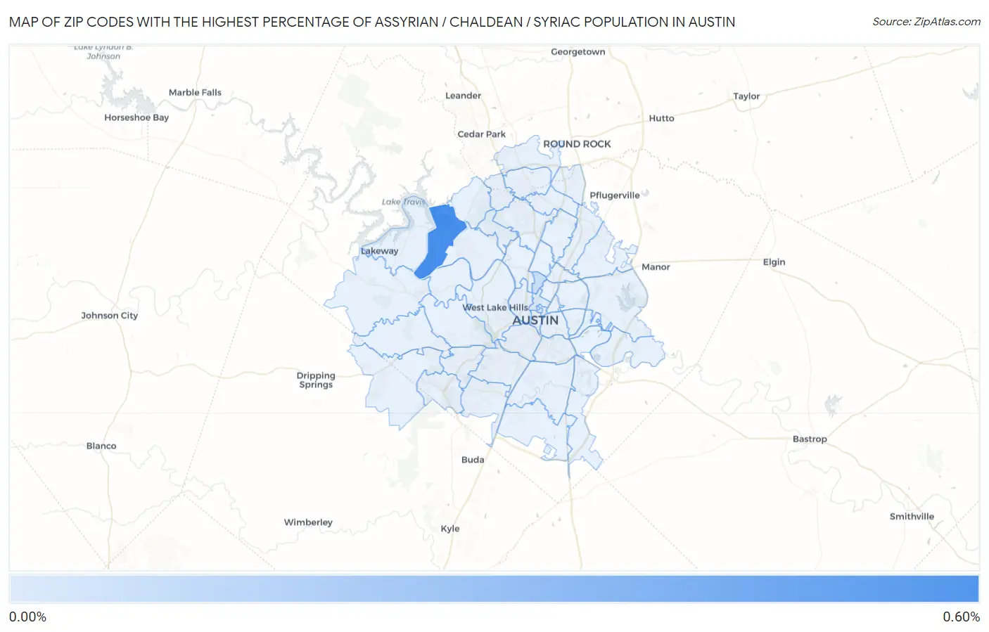 Zip Codes with the Highest Percentage of Assyrian / Chaldean / Syriac Population in Austin Map