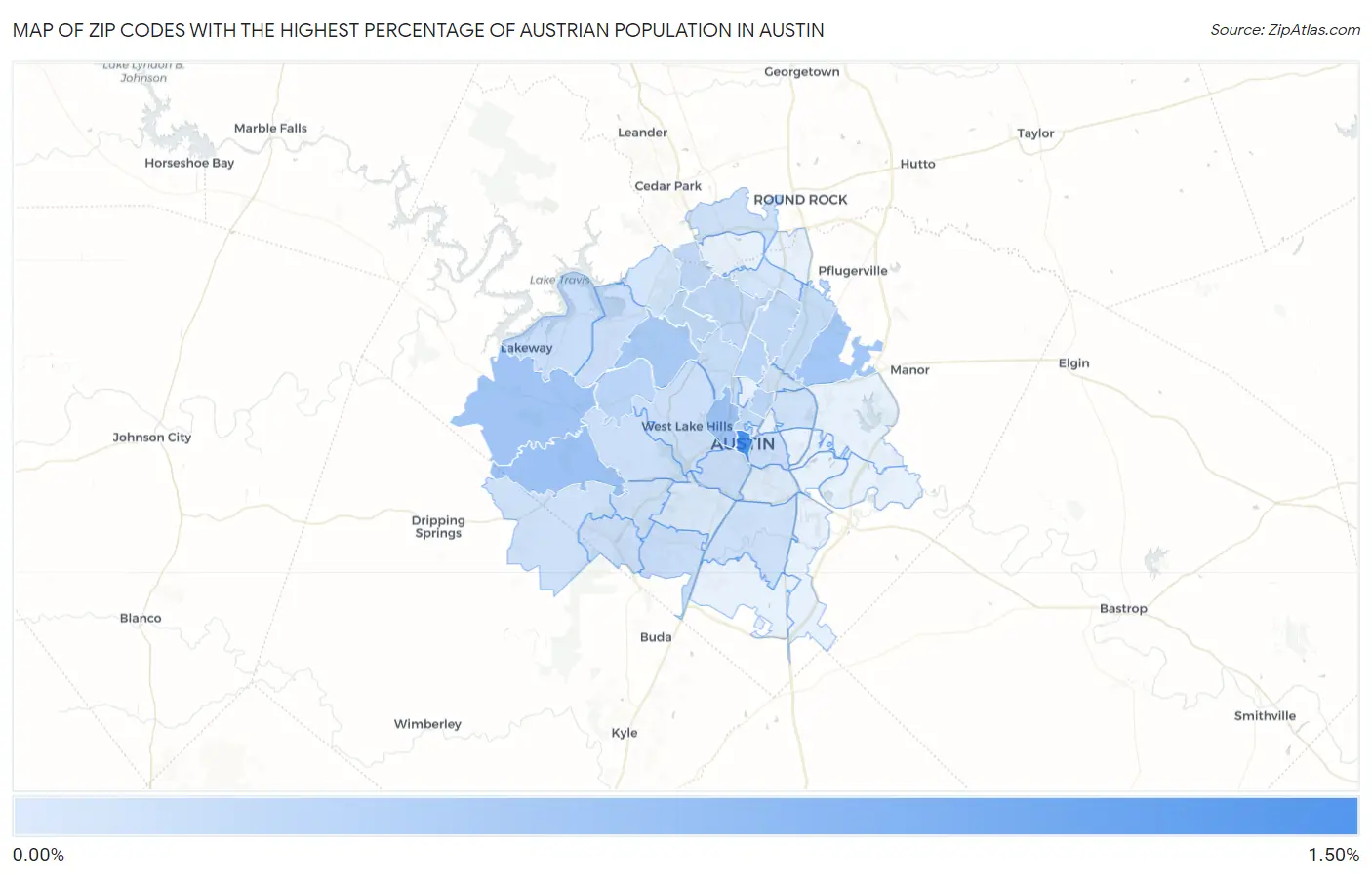Zip Codes with the Highest Percentage of Austrian Population in Austin Map