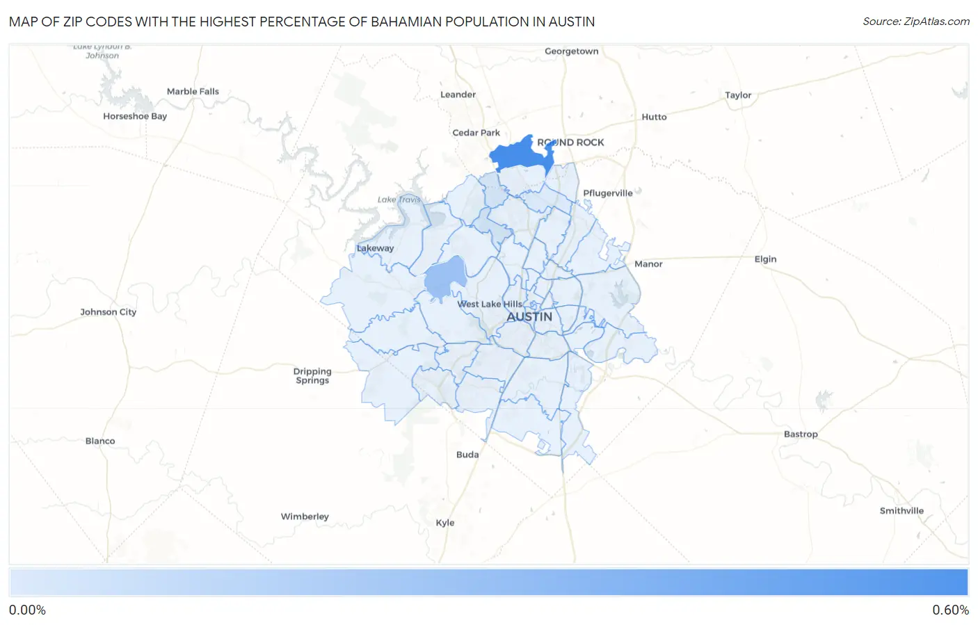 Zip Codes with the Highest Percentage of Bahamian Population in Austin Map
