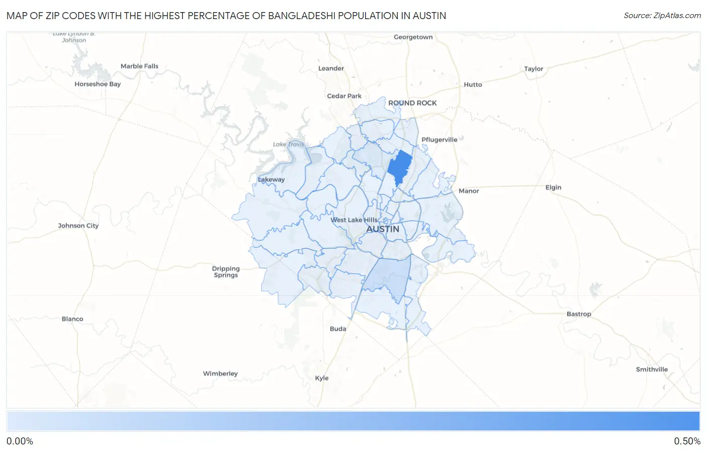 Zip Codes with the Highest Percentage of Bangladeshi Population in Austin Map