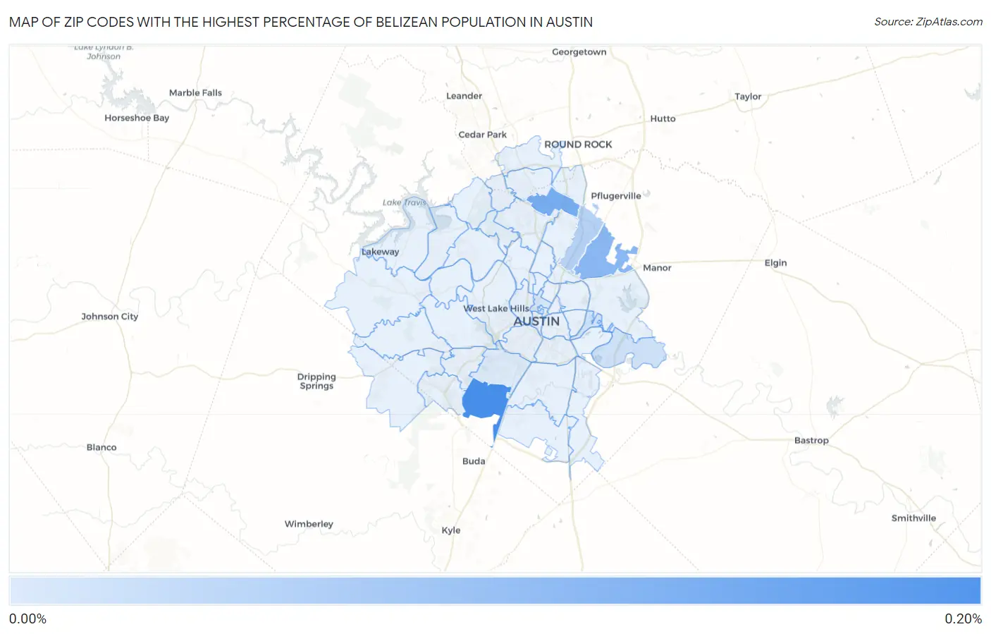 Zip Codes with the Highest Percentage of Belizean Population in Austin Map