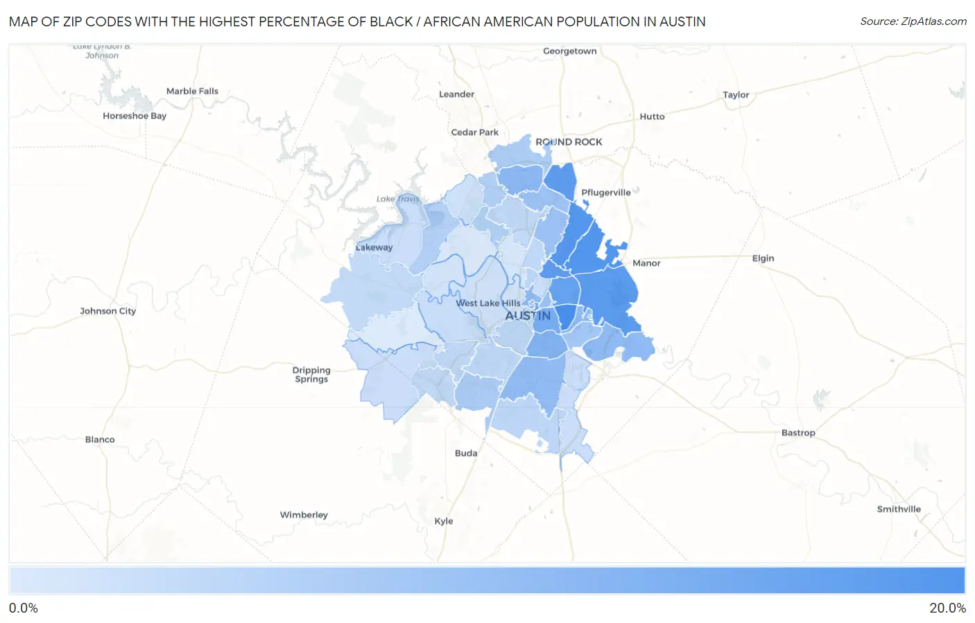 Zip Codes with the Highest Percentage of Black / African American Population in Austin Map