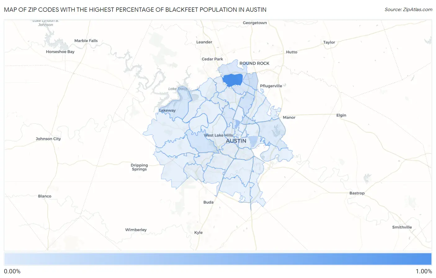 Zip Codes with the Highest Percentage of Blackfeet Population in Austin Map