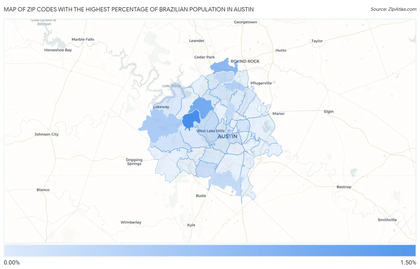 Zip Codes with the Highest Percentage of Brazilian Population in Austin Map