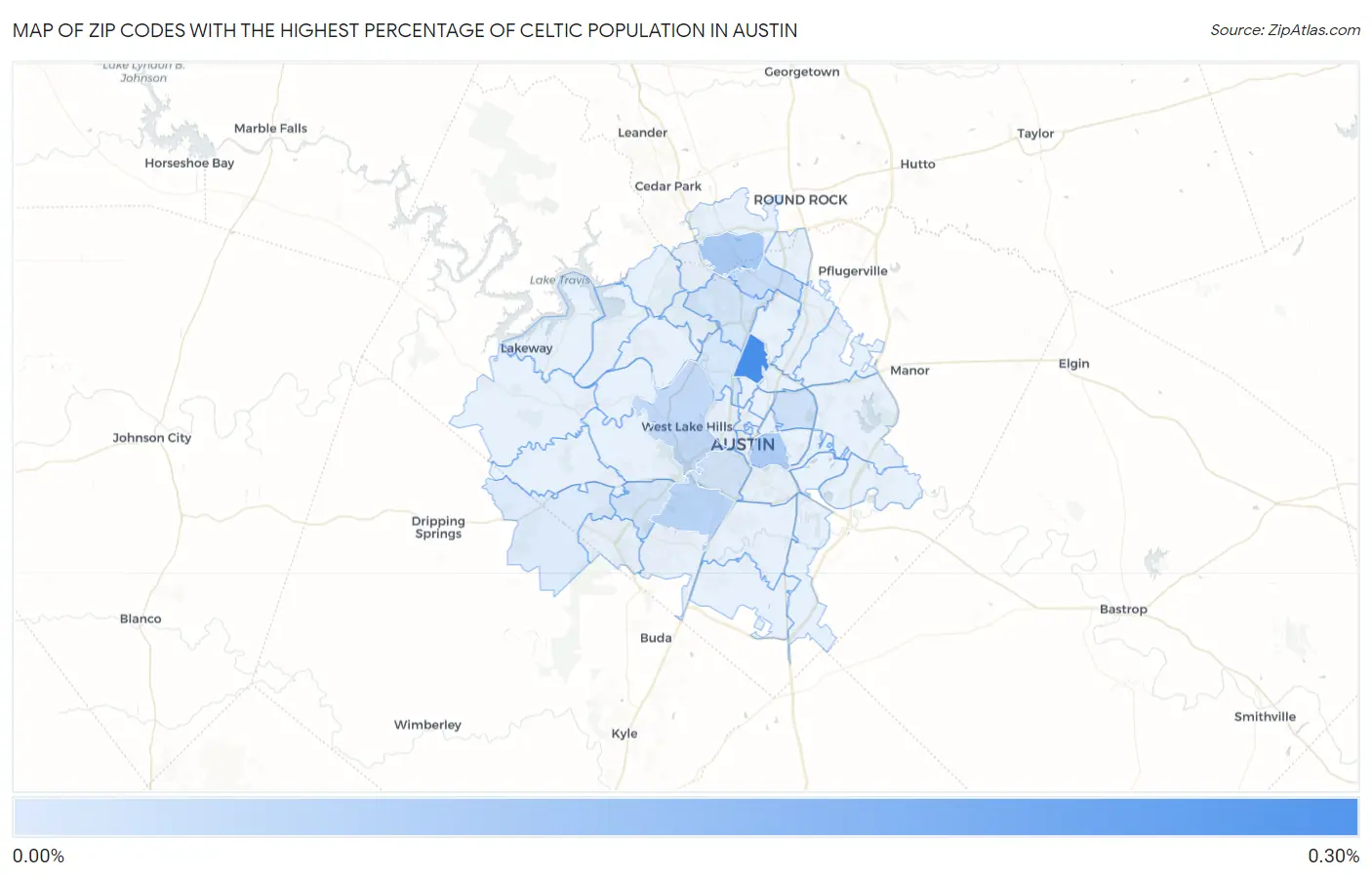 Zip Codes with the Highest Percentage of Celtic Population in Austin Map