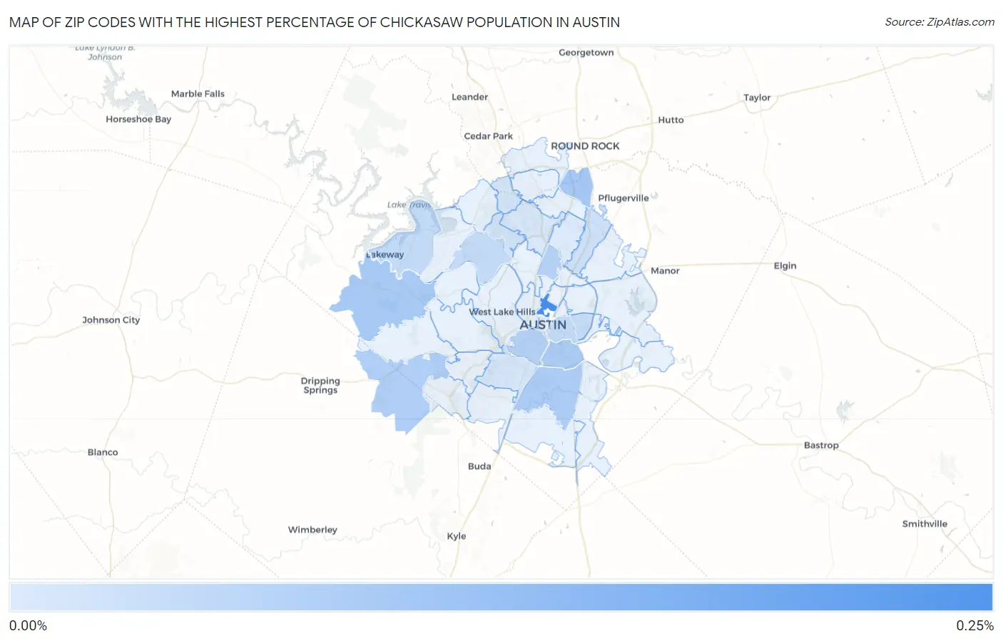Zip Codes with the Highest Percentage of Chickasaw Population in Austin Map