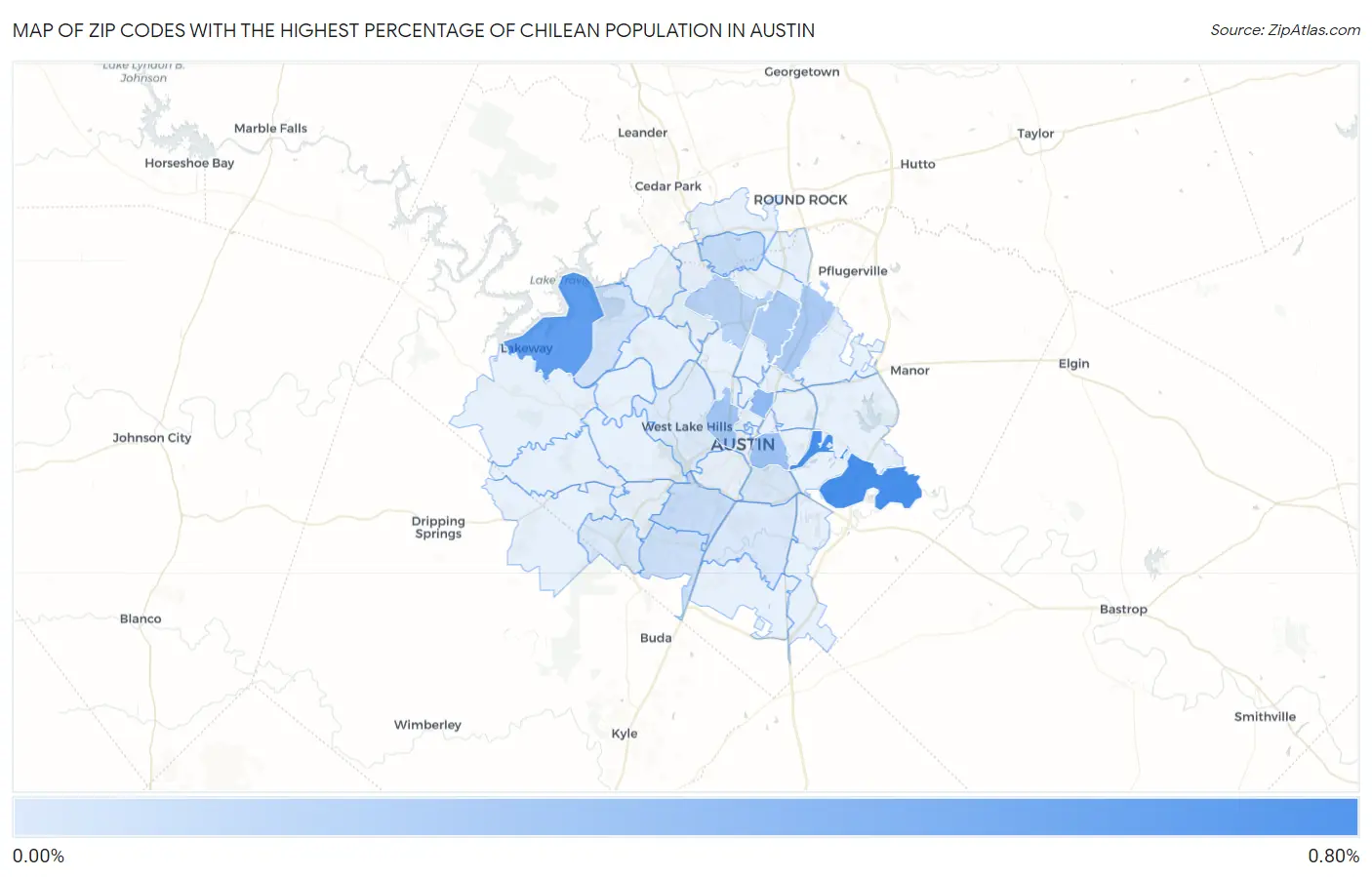 Zip Codes with the Highest Percentage of Chilean Population in Austin Map
