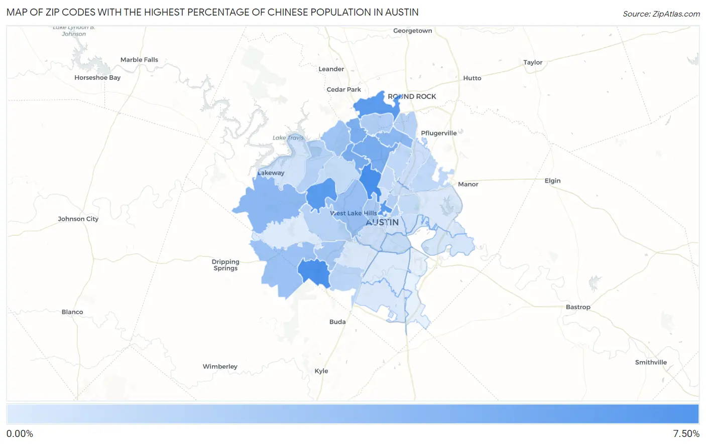 Zip Codes with the Highest Percentage of Chinese Population in Austin Map