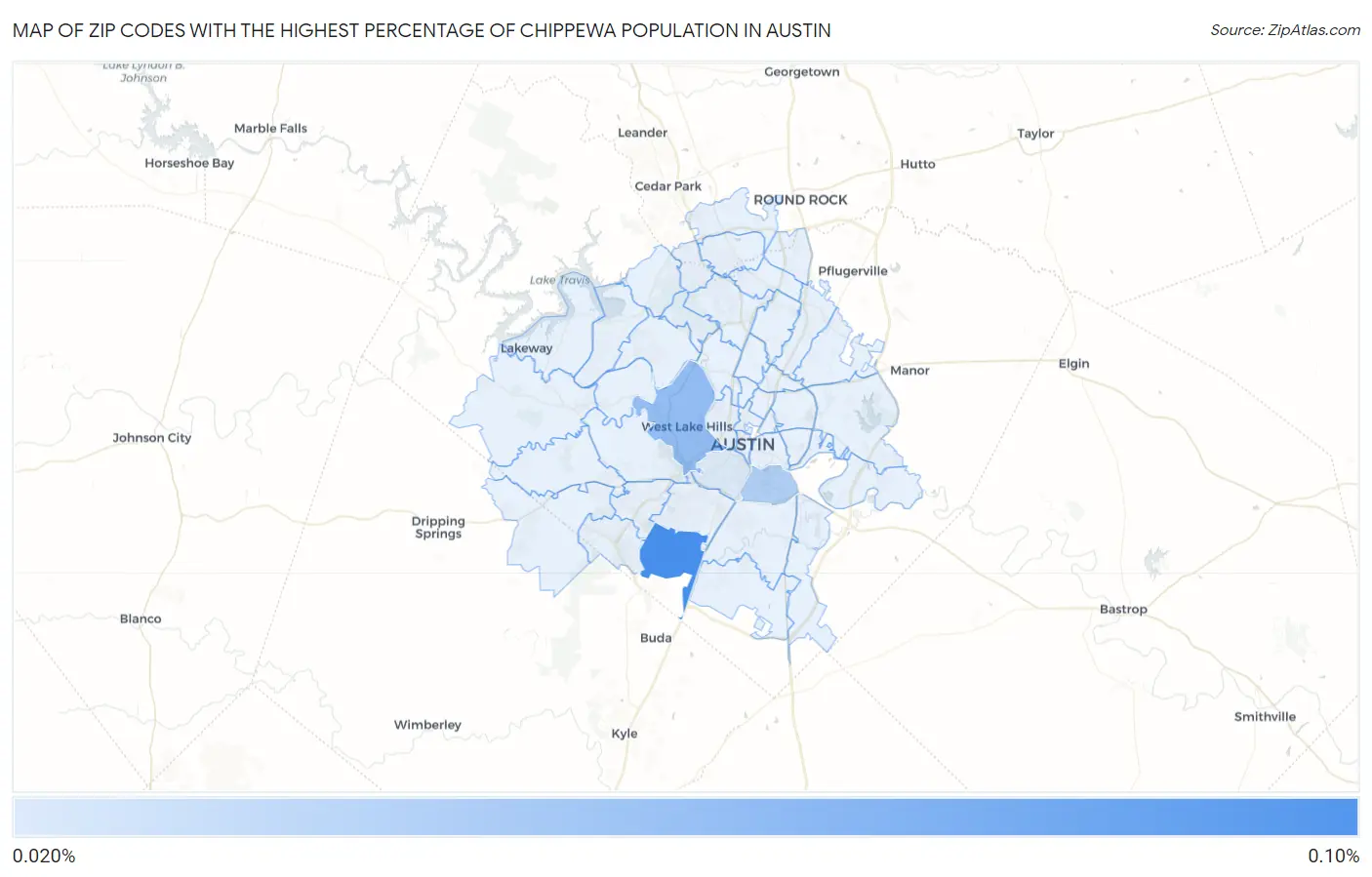 Zip Codes with the Highest Percentage of Chippewa Population in Austin Map