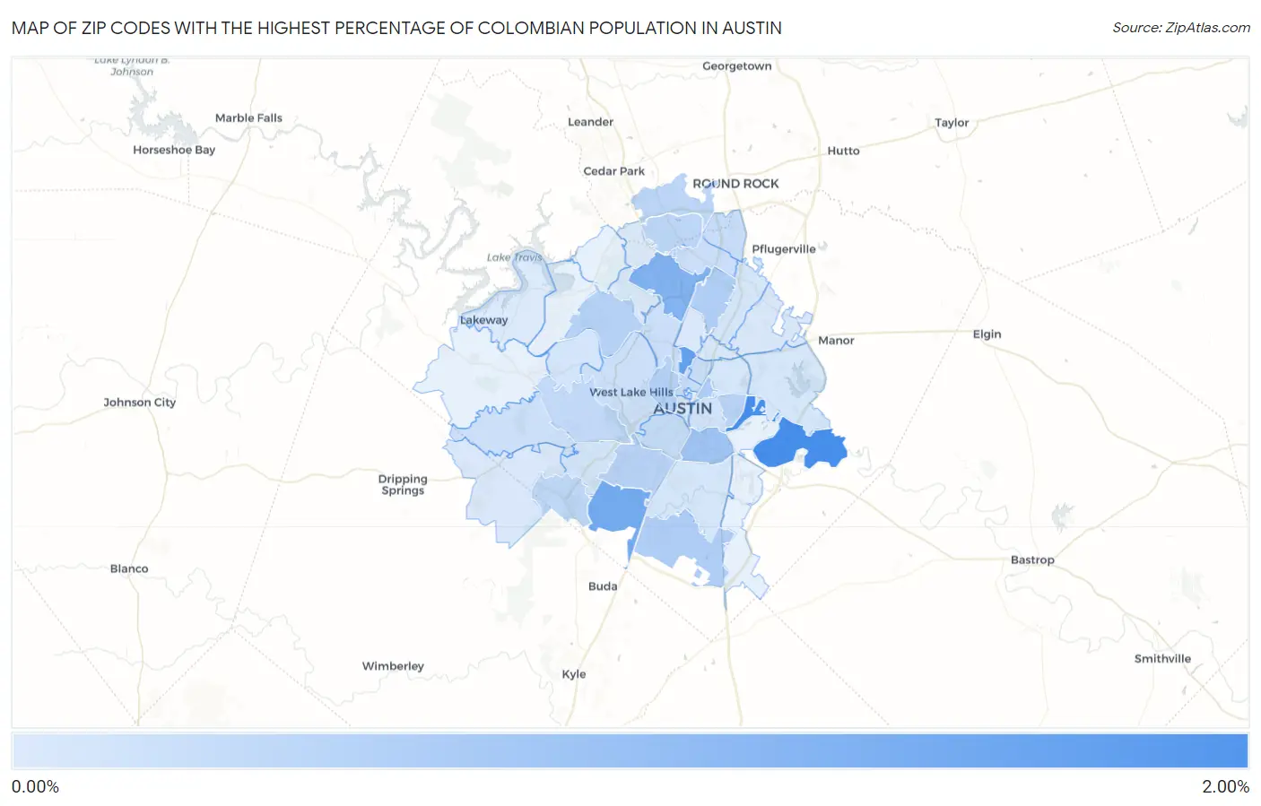 Zip Codes with the Highest Percentage of Colombian Population in Austin Map